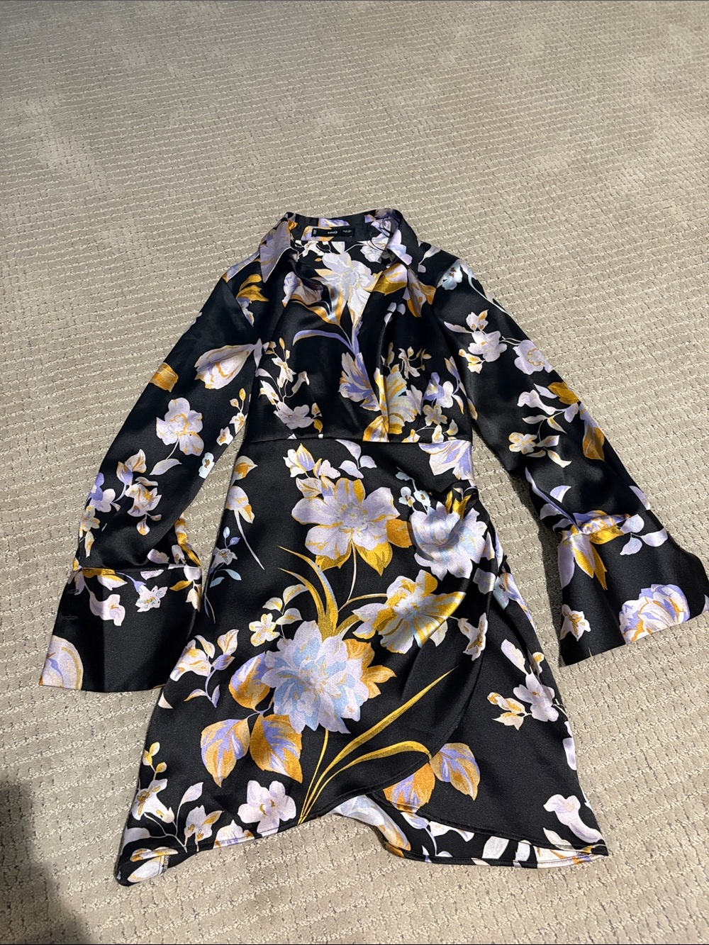 Black Floral Satin Wrap Style Dress with Bell Sleeves